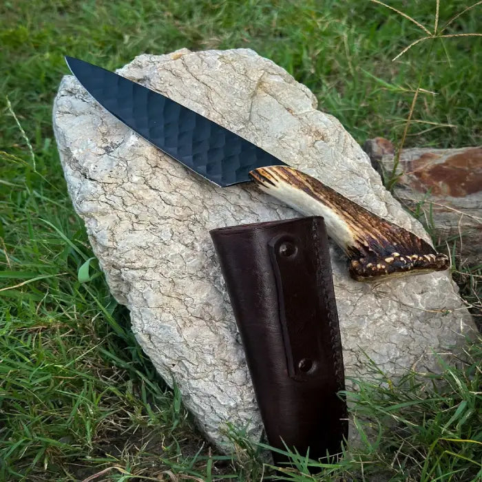 Hand Forged Crown Antler knife With Leather Sheath