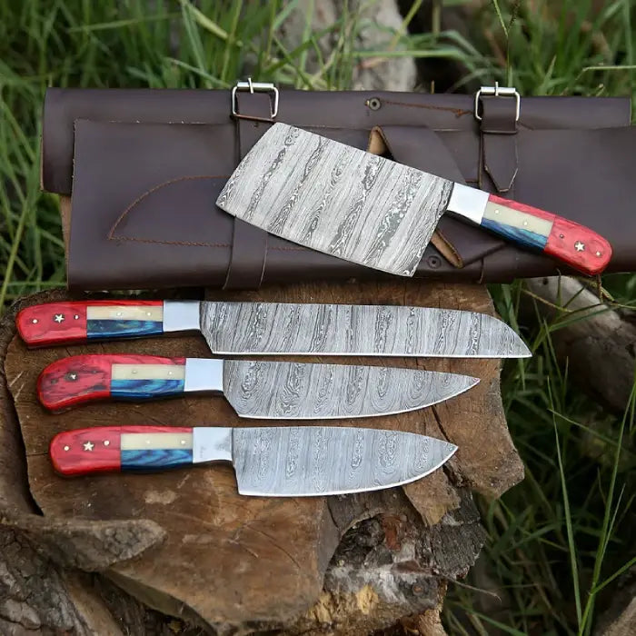 Handmade Kitchen knife Set, Damascus Chef Set Flag Handle with Leather Roll Kit