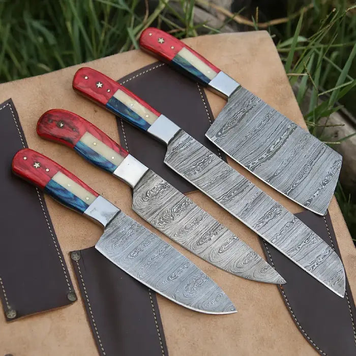 Handmade Kitchen knife Set, Damascus Chef Set Flag Handle with Leather Roll Kit