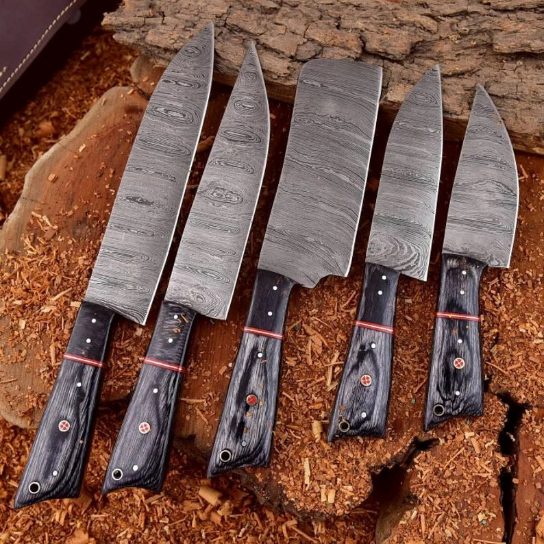 Damascus Steel 5 pcs Chef Set With Leather Bag