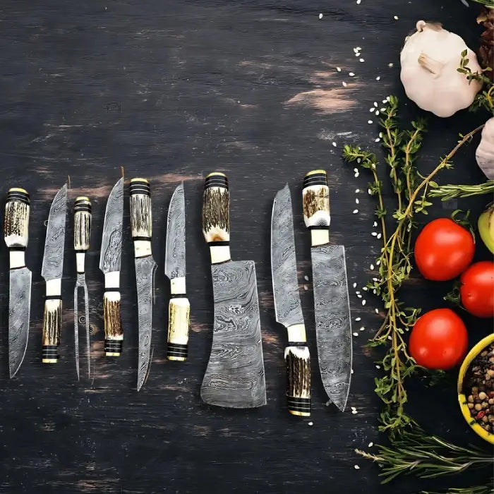 Handmade Chef Knives Set of 9 Pcs Damascus Steel Blades With Stag Handle Kitchen Knives Set Birthday Gift for Him Easter Gifts Kitchen knife