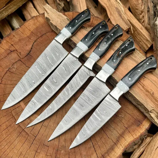 Handmade Damascus Steel Sharp Kitchen Knife Set With Leather Bag