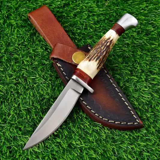 D2 Steel Fixed Blade Hunting Knife with Stag Horn Handle and Leather Sheath