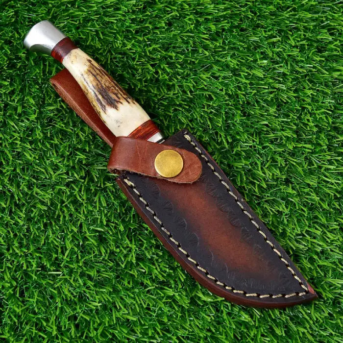 D2 Steel Fixed Blade Hunting Knife with Stag Horn Handle and Leather Sheath