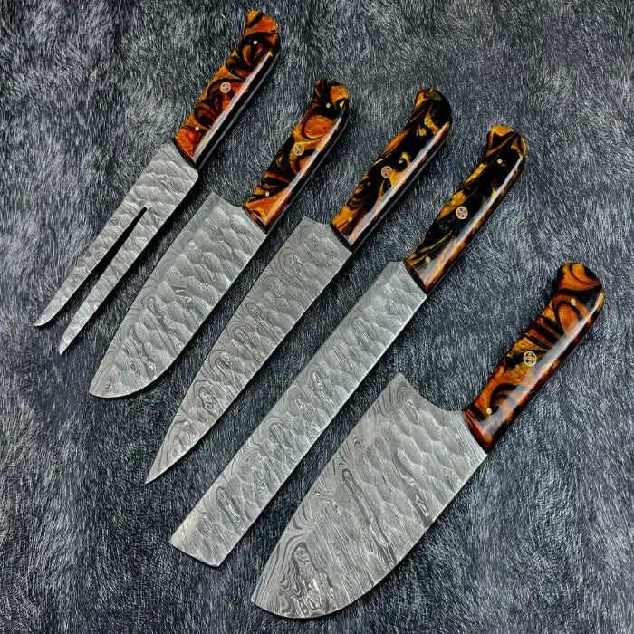 Hand Forged Damascus Steel Kitchen Knife Set With Leather Bag