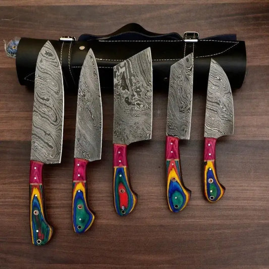 Handmade Damascus Steel Kitchen Knife Set With Leather Bag