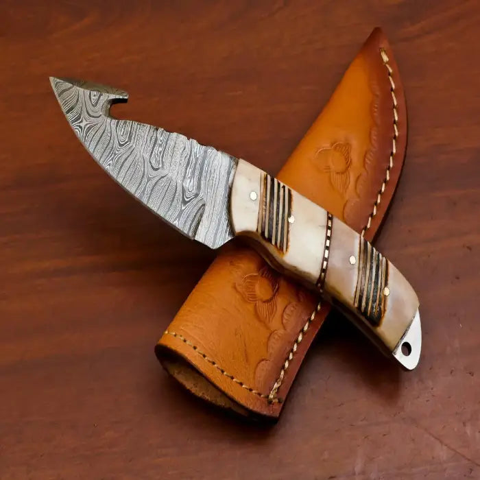 HANDMADE DAMASCUS GUT HOOK FIXED BLADE HUNTING KNIFE