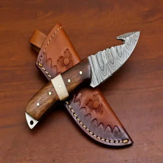 HAND FORGED HANDMADE DAMASCUS GUT HOOK FIXED BLADE HUNTING KNIFE