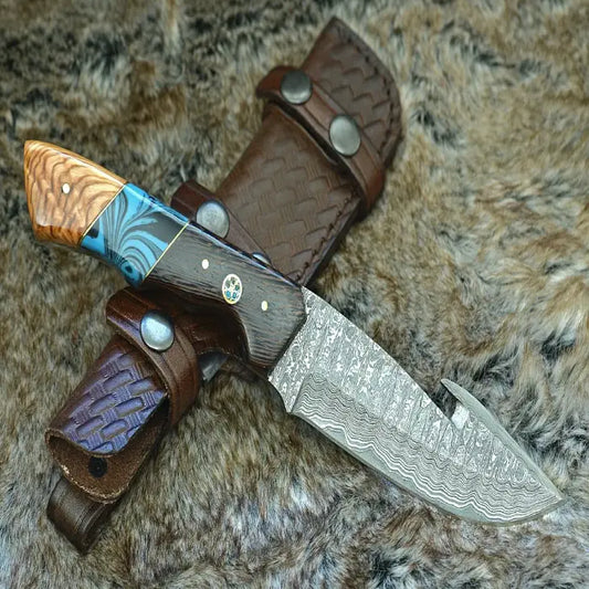 Handcrafted Hunting Knife with Gut Hook Fixed Blade and Leather Case