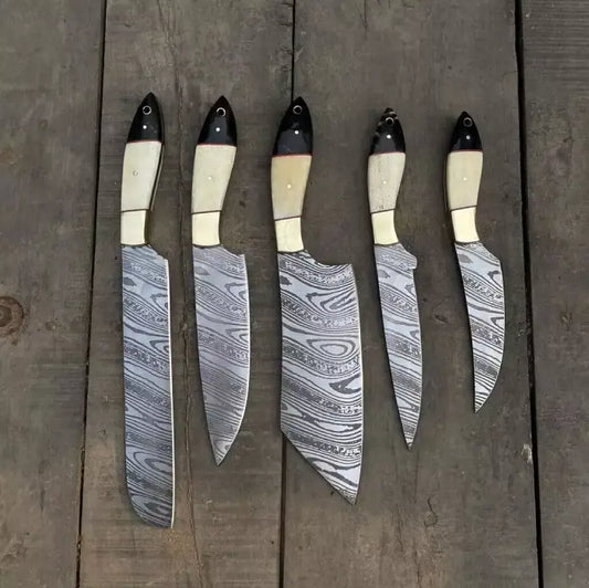 Handcrafted Damascus Steel Chef Knife Set With Camel Bone and Bull Horn Handle