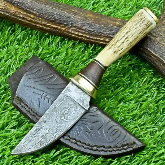 Hand Forged Antler Handle Skinning Knife With Leather Case