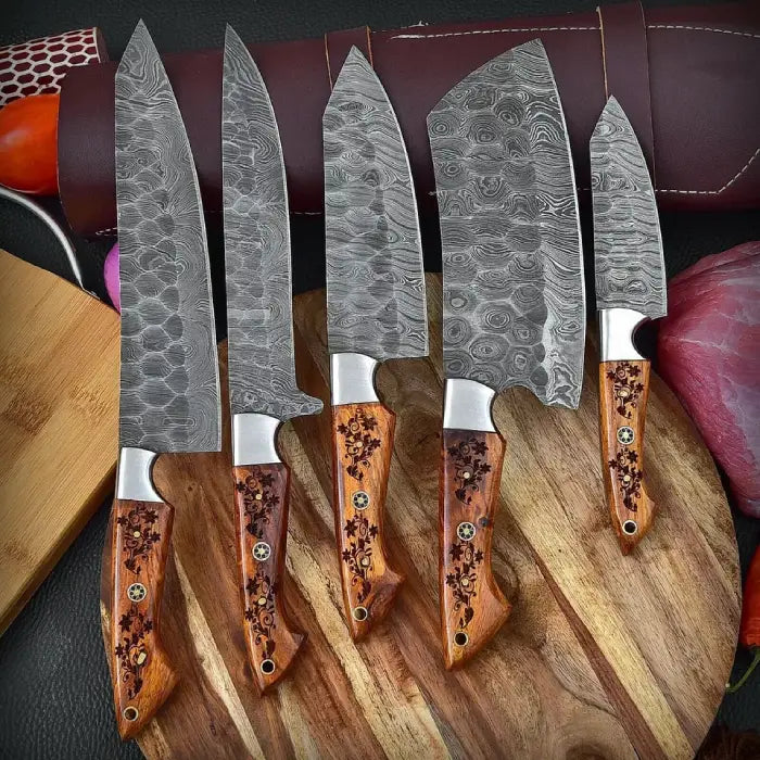 Handcrafted Damascus Steel Kitchen Knife Set With Leather Bag