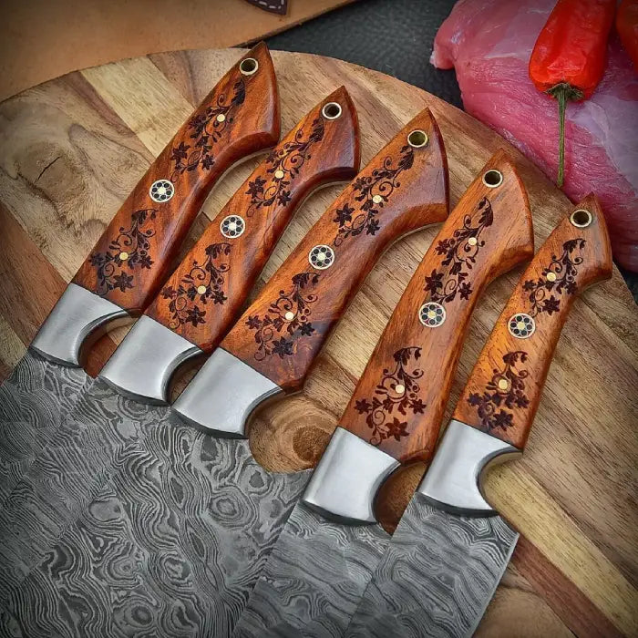 Handcrafted Damascus Steel Kitchen Knife Set With Leather Bag