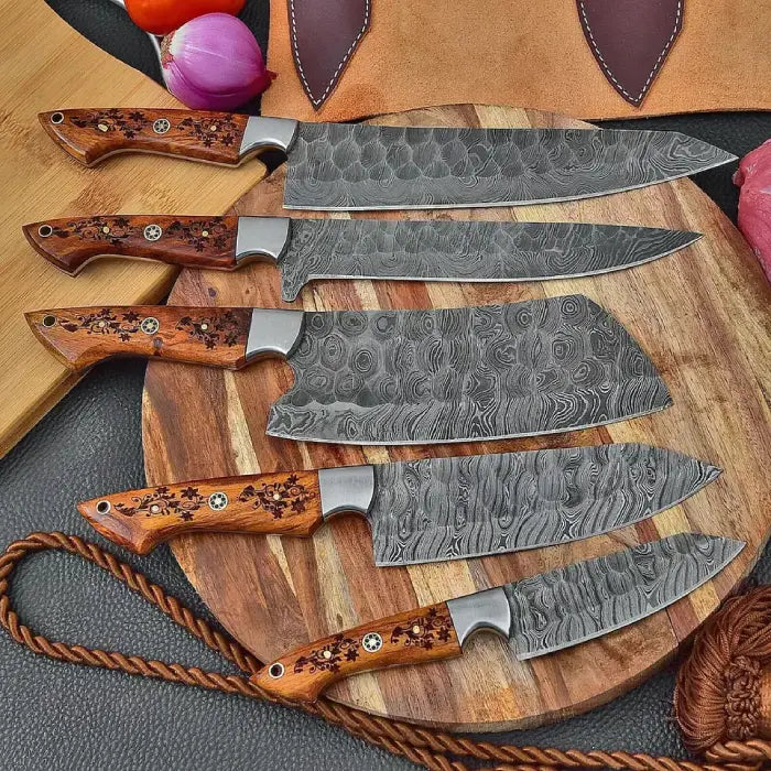 Handcrafted Damascus Steel Kitchen Knife Set With Leather Bag