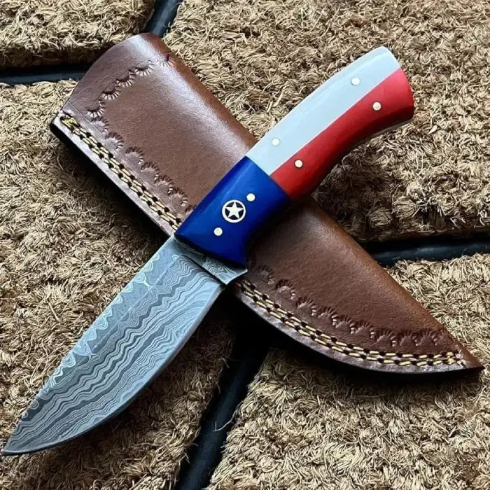 Damascus Steel Custom Handcrafted Texas Flag Hunting Bushcraft Skinner Knife