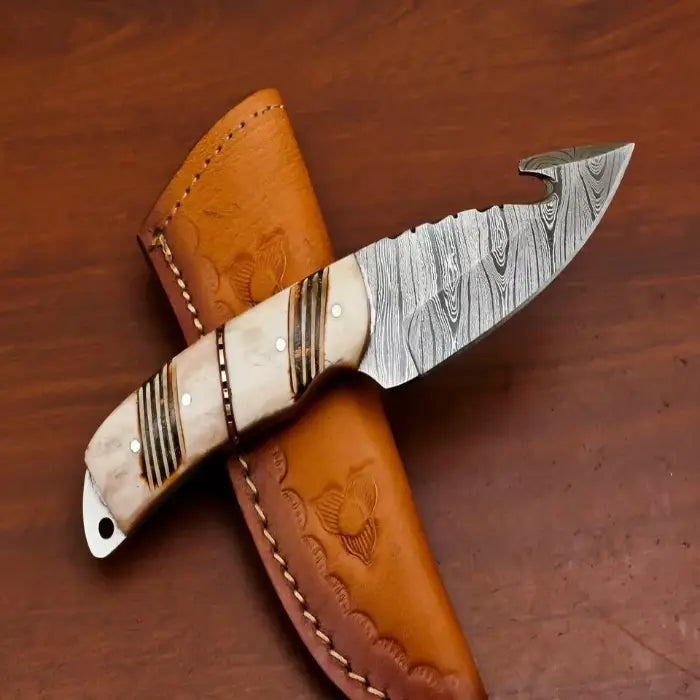 HANDMADE DAMASCUS GUT HOOK FIXED BLADE HUNTING KNIFE