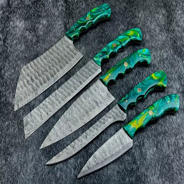 Handmade Damascus Steel Kitchen Knife Set With Leather Bag