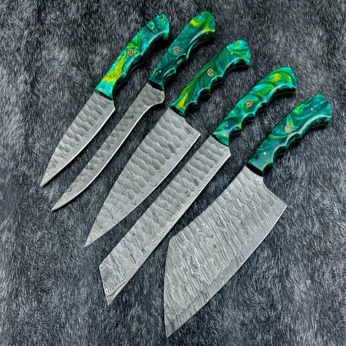 Handmade Damascus Steel Kitchen Knife Set With Leather Bag