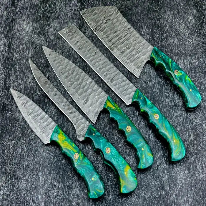 Handmade Damascus Steel Kitchen Knife Set With Leather Bag