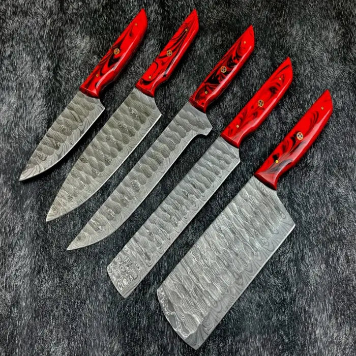 Handmade Damascus Steel Kitchen Knife Set With Leather Bag