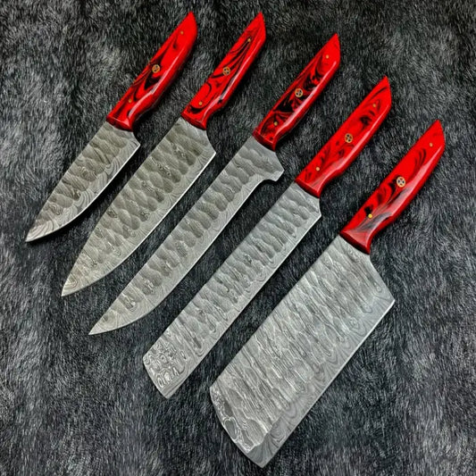 Handmade Damascus Steel Kitchen Knife Set With Leather Bag