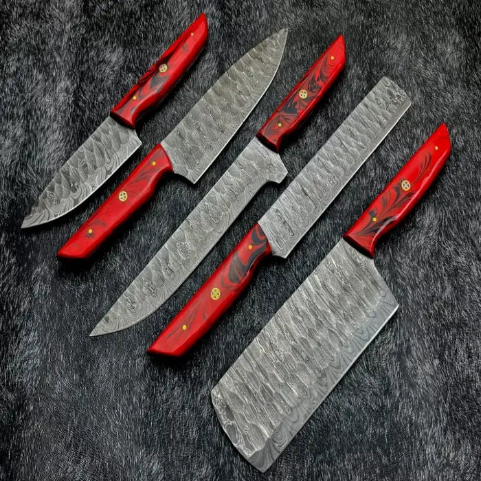 Handmade Damascus Steel Kitchen Knife Set With Leather Bag