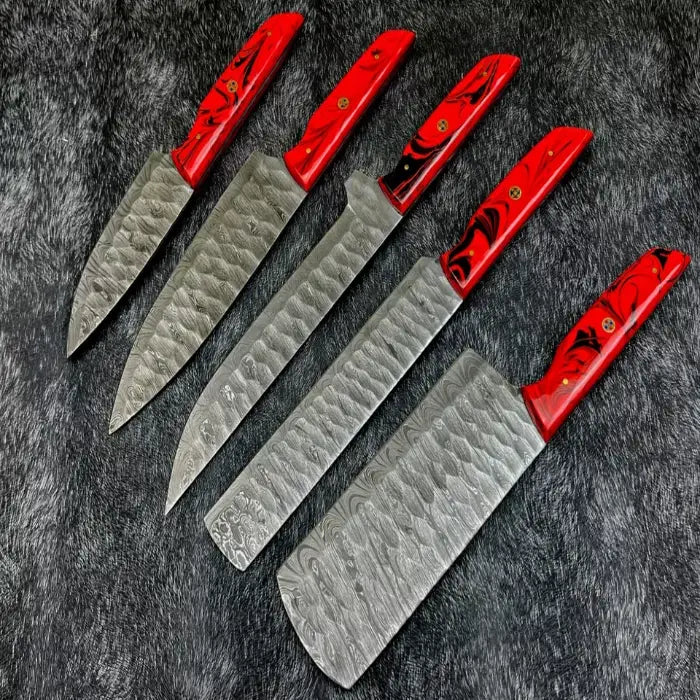 Handmade Damascus Steel Kitchen Knife Set With Leather Bag