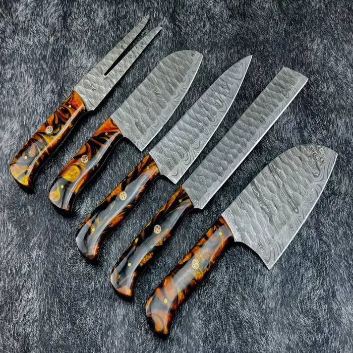 Hand Forged Damascus Steel Kitchen Knife Set With Leather Bag