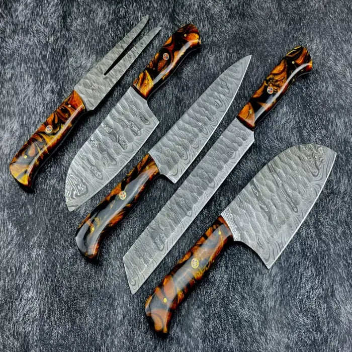 Hand Forged Damascus Steel Kitchen Knife Set With Leather Bag