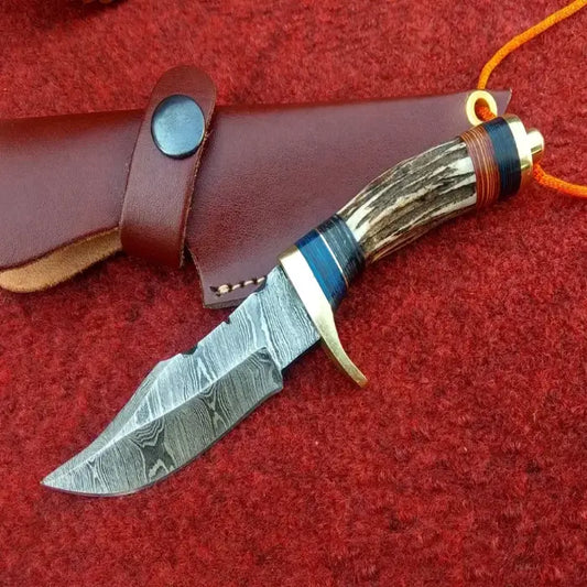 Handmade Antler Handle Skinning Knife With Leather Case