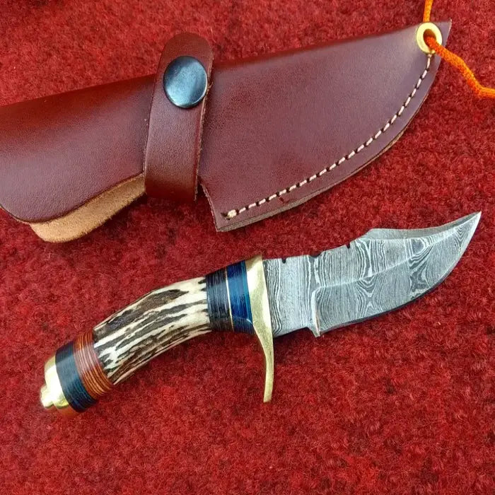 Handmade Antler Handle Skinning Knife With Leather Case