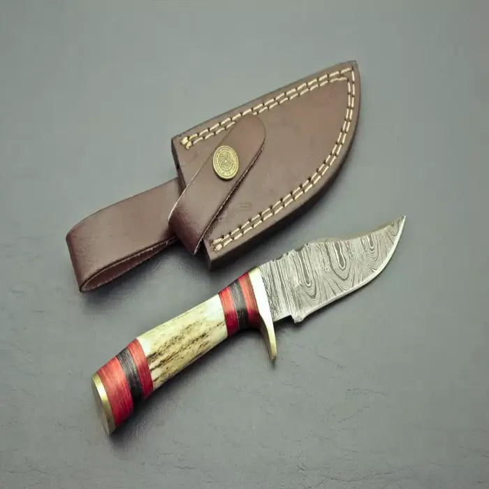 Handmade Antler Handle Skinning Knife With Leather Case