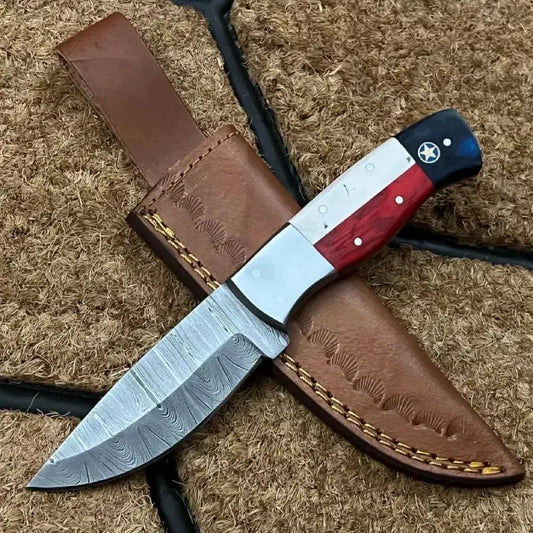 Damascus Steel Custom Handcrafted Texas Flag Hunting Bushcraft Skinner Knife