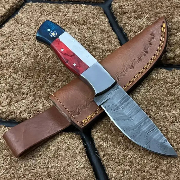 Damascus Steel Custom Handcrafted Texas Flag Hunting Bushcraft Skinner Knife